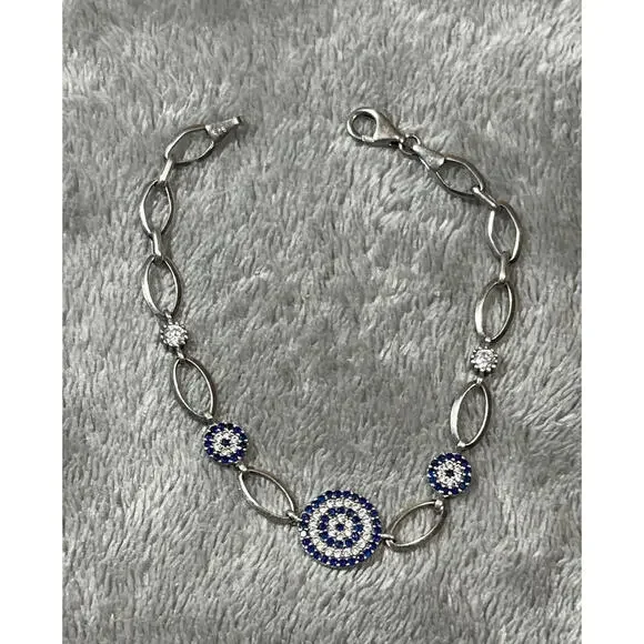 Sterling Silver Blue and White CZ Bracelet 7.5 Inches !! - Picture 2 of 14